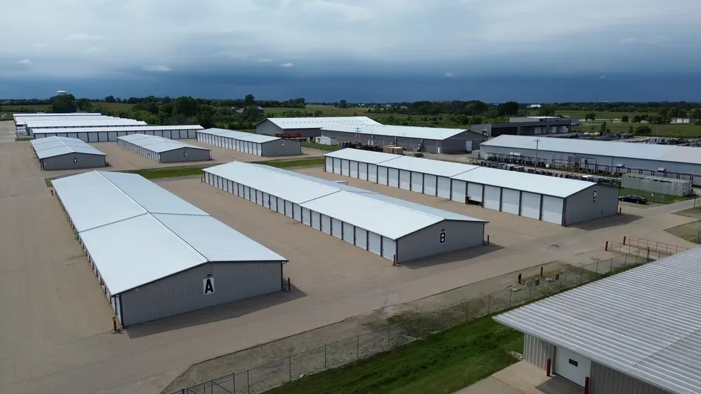 Three rows of storage unit buildings